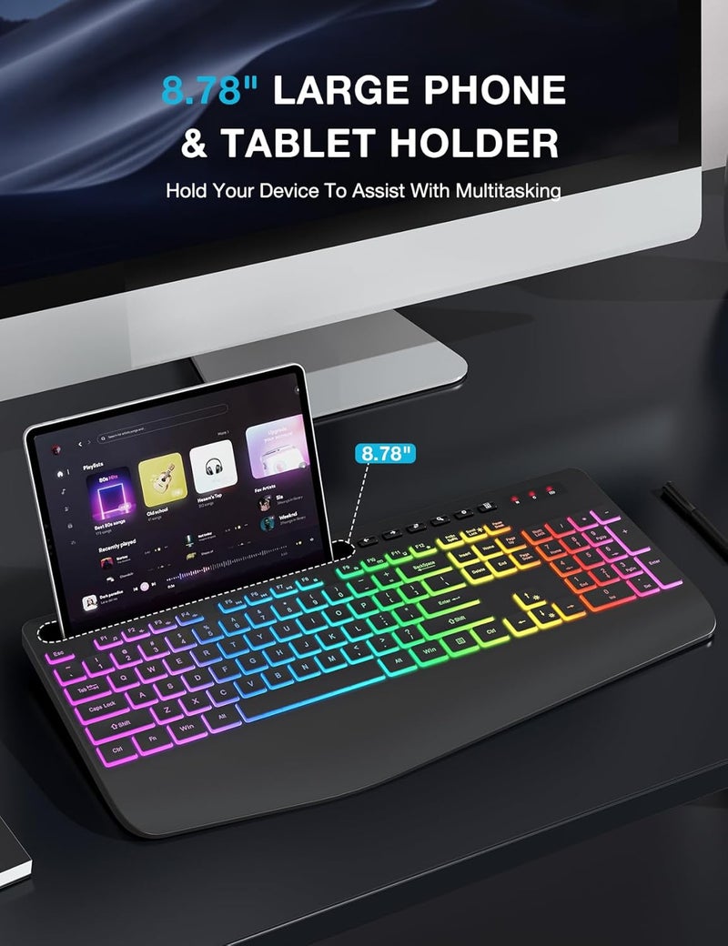 SABLUTE Wireless Keyboard with 9 Effects Backlits, Wrist Rest, Phone Holder, Rechargeable Ergonomic Computer Keyboard with Silent Keys, 2.4G Lag-Free Cordless Set for PC, Laptop, Windows, Mac (Keyboard Only) - Image 4